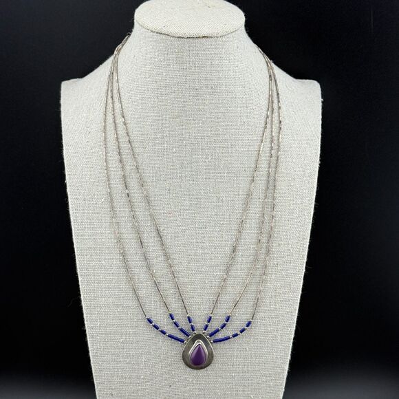 Native American Liquid Sterling Silver Purple Sugilite Blue Lapis Necklace VTG - Picture 4 of 16